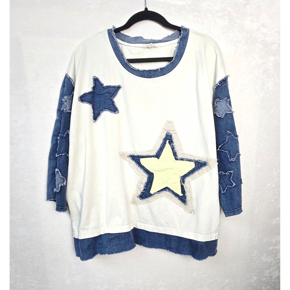 Blue Velvet Star Patch Oversized Sweatshirt Denim Cream Blue Large Boho